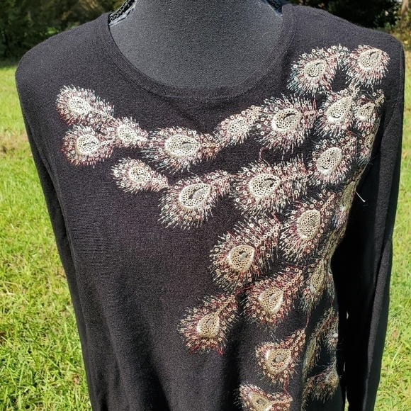 Long Sleeve Black Top with Peacock Feathers NWT - Picture 2 of 8